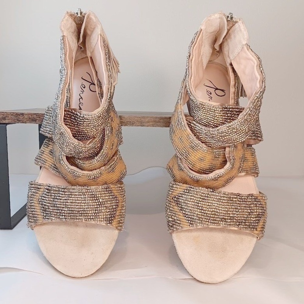 Pencey Beaded Gladiator Sandals Womens‎ 7 Tan Silver Good Tassel Boho Flat Shoes